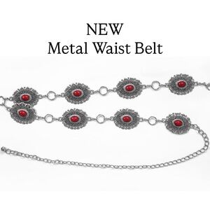 NEW Metal Chain Waist Belt, Red Faux Stones, Silver Tone, Southwestern Boho